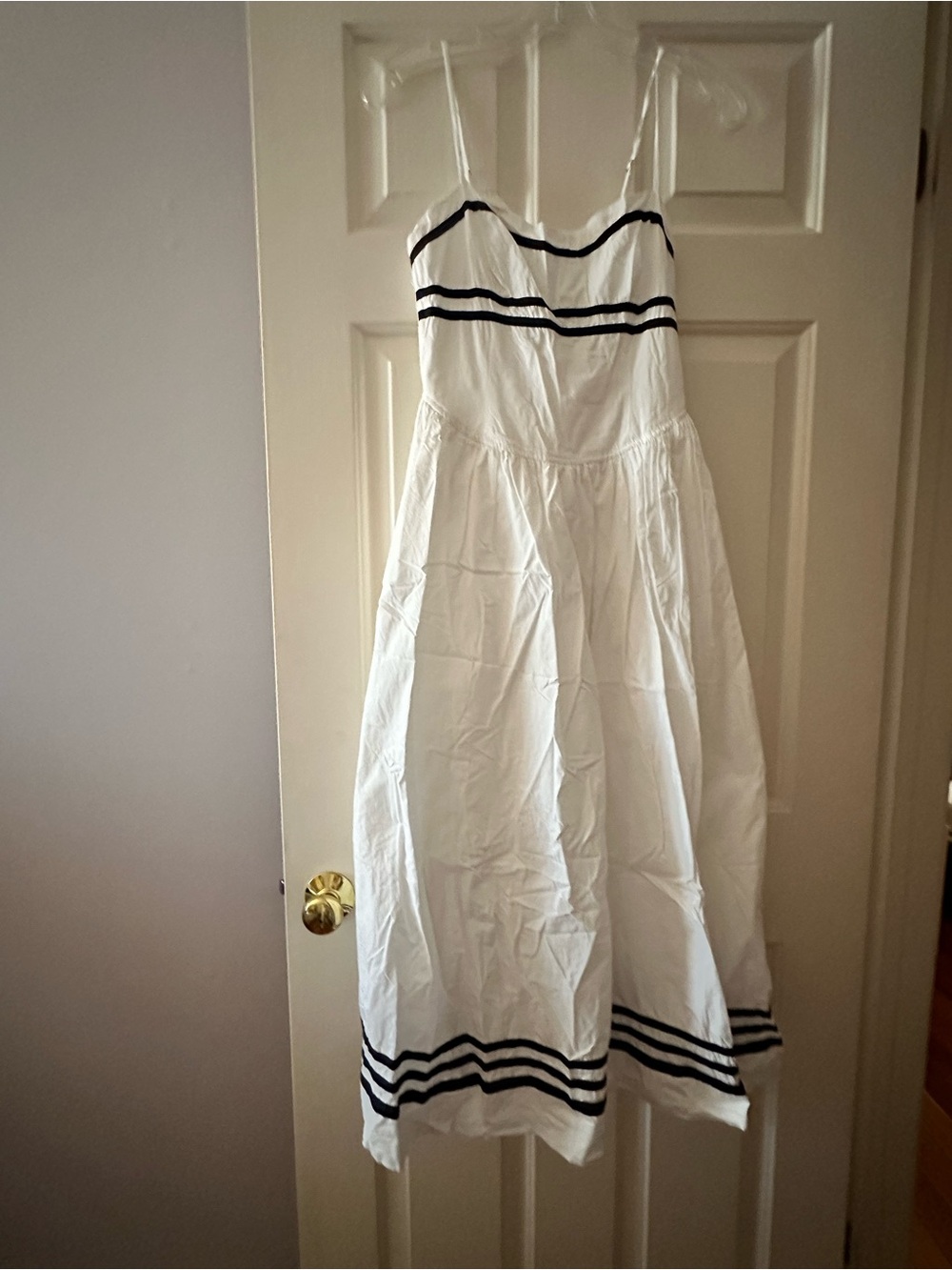 Moon River White Spaghetti Strap Midi Dress with Black Stripe Detail